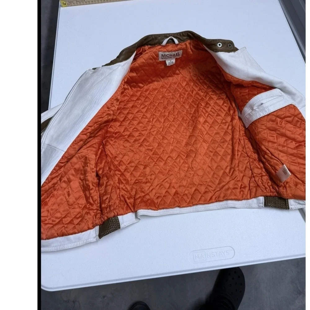 MICHAEL KORS Women Moto Jacket White Brown Leather Biker‎ Style Size M